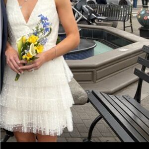 ML Monique Lhuillier Petrie Tiered Shoulder- Ruffle V-neck mini dress